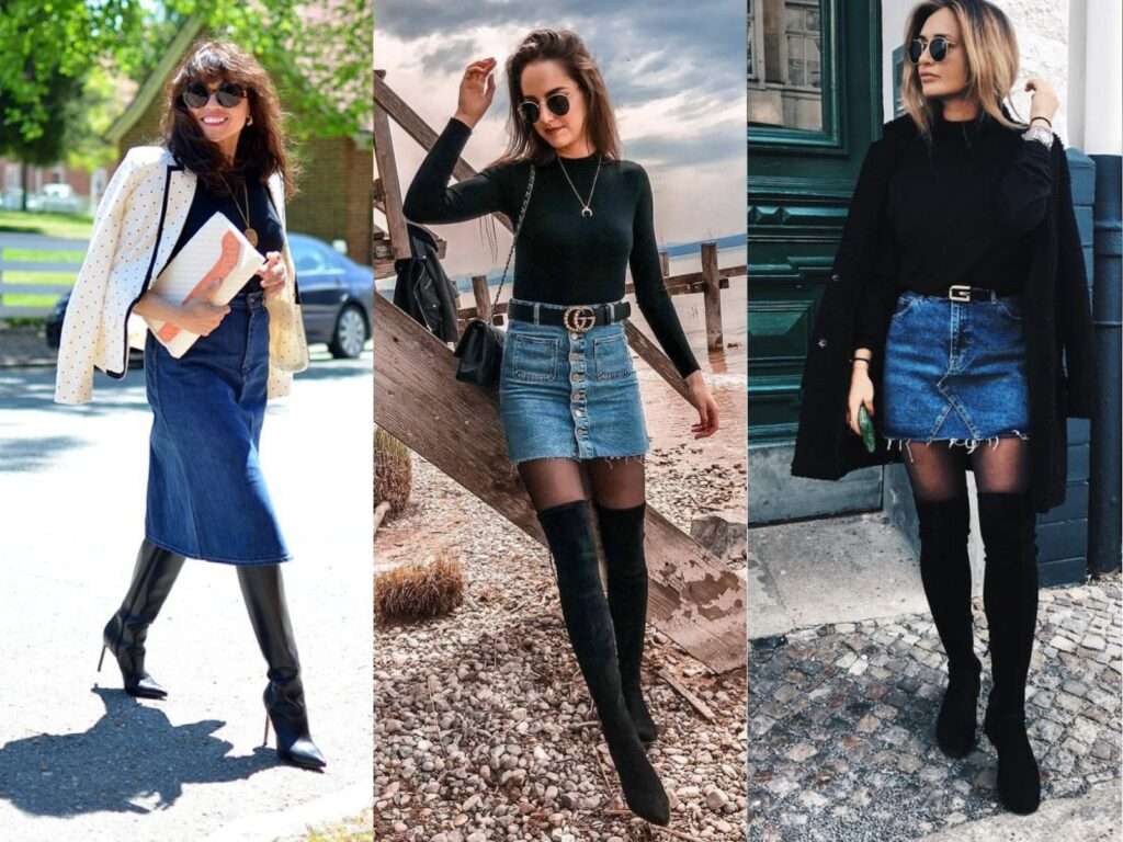 denim skirt and knee high boots