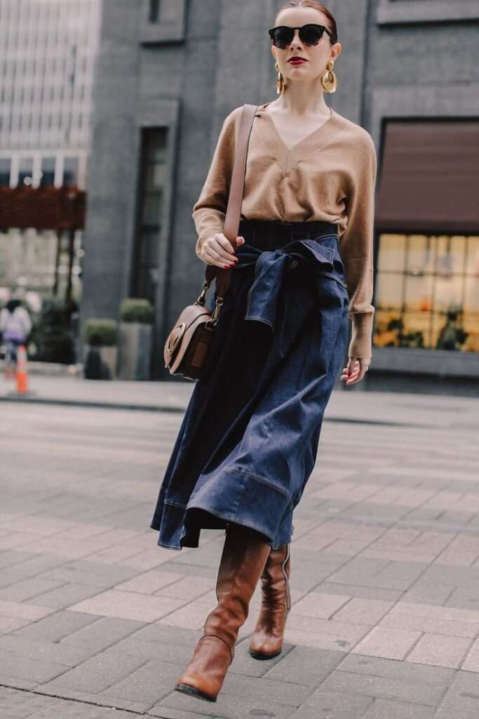 denim skirt and knee high boots