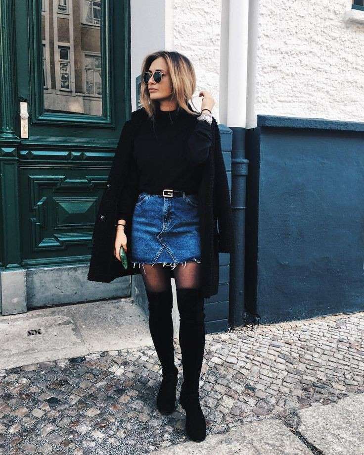 denim skirt and knee high boots