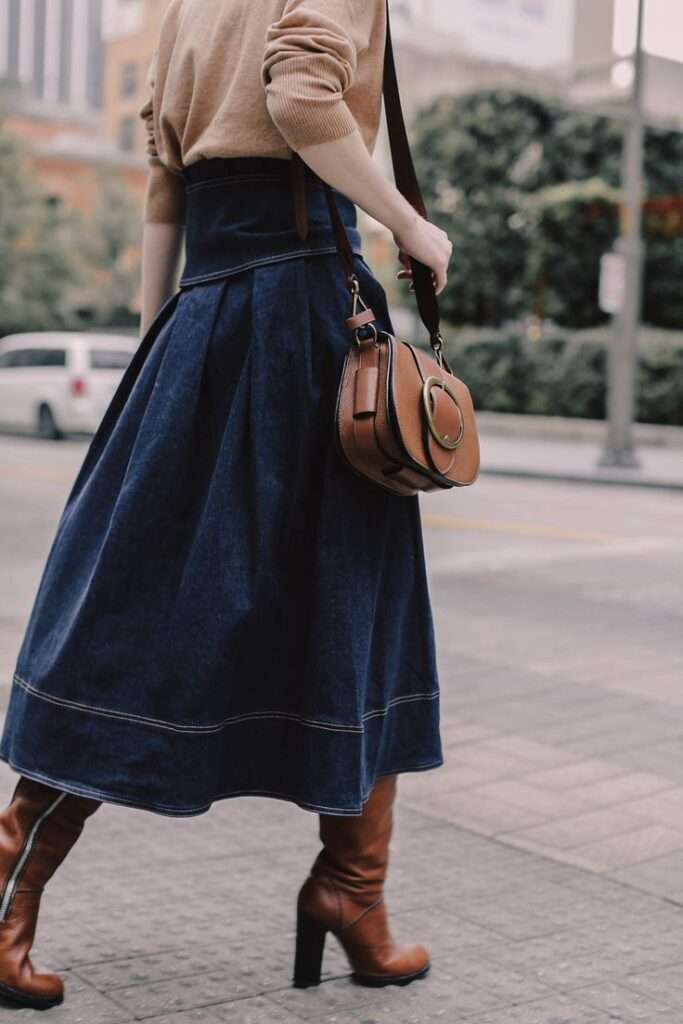 denim skirt and knee high boots