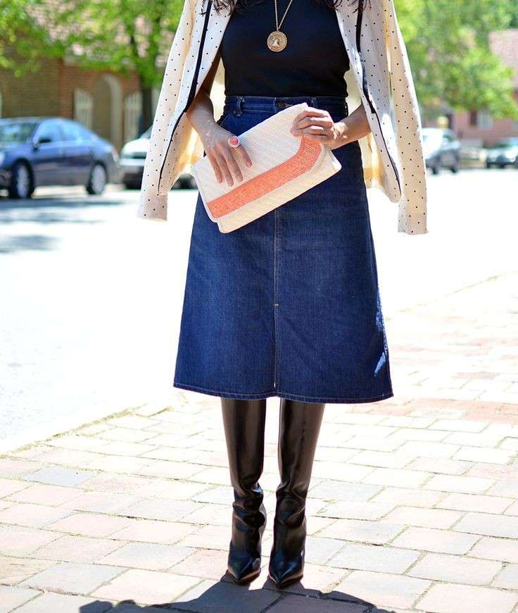 denim skirt and knee high boots