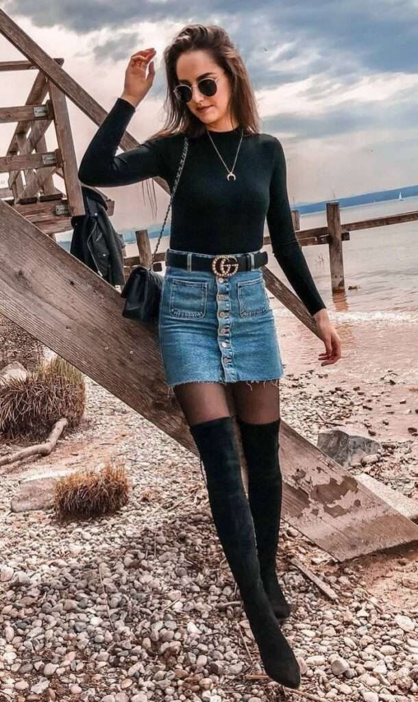 denim skirt and knee high boots