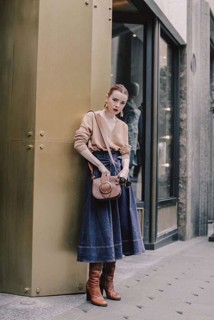 denim skirt and knee high boots