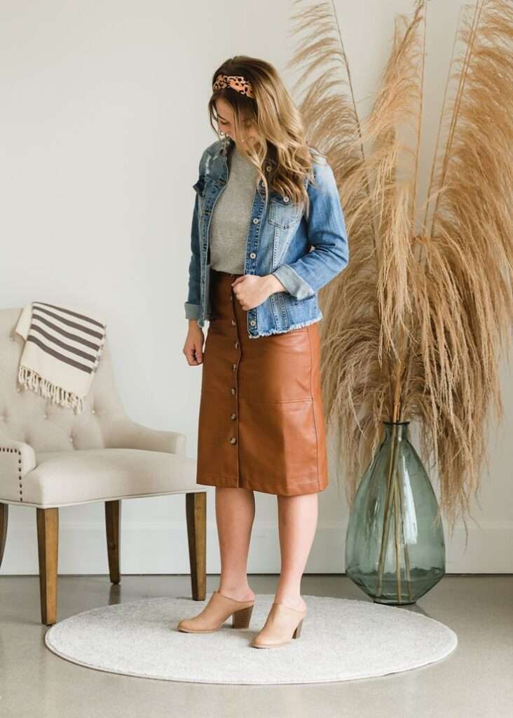 Denim Jacket With Leather Skirt 